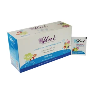 خرید دستمال مرطوب تمیز کننده دست و صورت یونی لد مدل ساشه تکی حاوی ویتامین E جعبه 100عددی